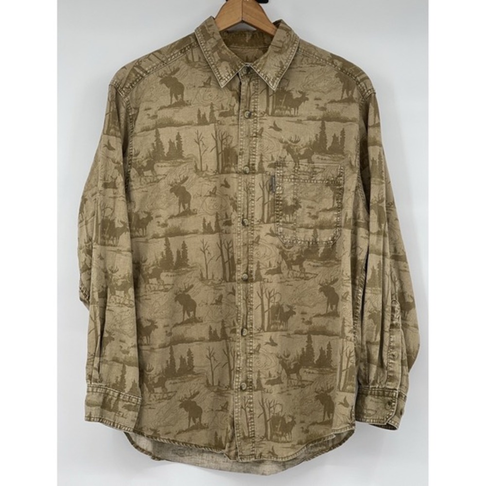 Woolrich Moose Twig Wildlife All Over Print Hunt Brown Button Up Large LS Shirt‎
